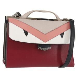 FENDI Demi Jour Bag Bugs Monster Hand Bag Leather Red Silver